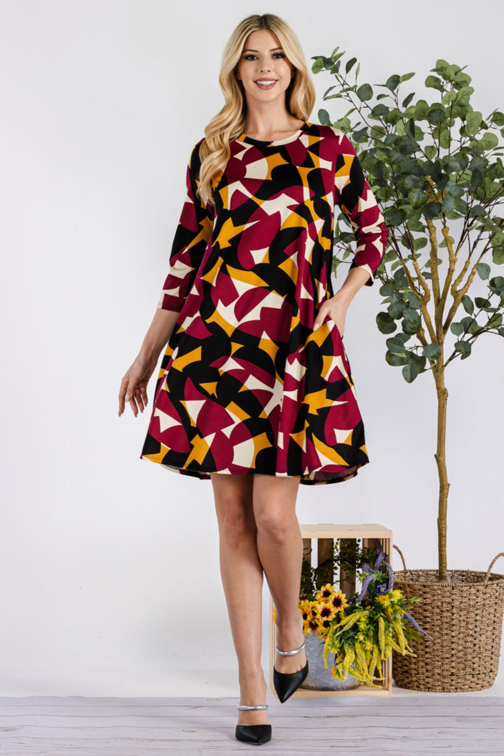 Celeste Geometric Dress with Pockets in Burgandy