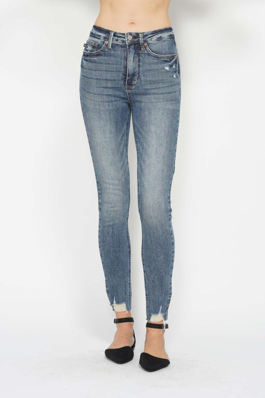 Judy Blue Tummy Control Vintage Wash and Destroyed Hem Skinny Jeans