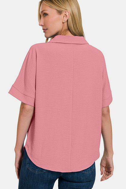 Zenana Texture Collared Neck Short Sleeve Top in Rose