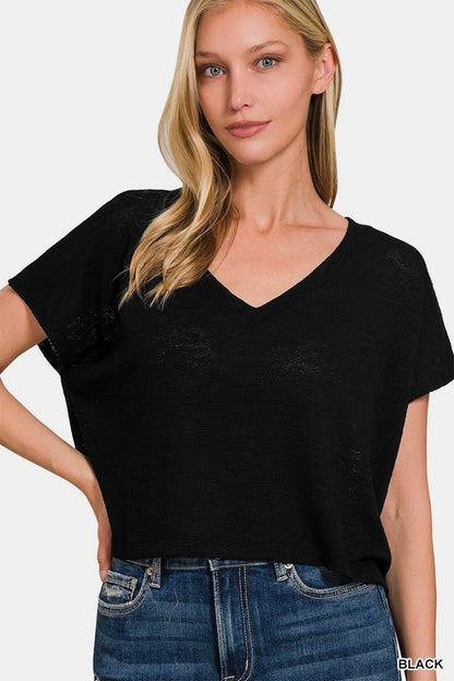 Zenana V-Neck Short Sleeve Crop T-Shirt in Black