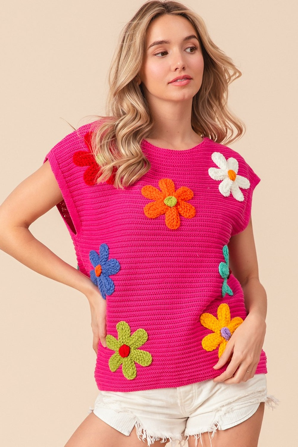 BiBi Flower Round Neck Cap Sleeve Knit Top in Fuchsia