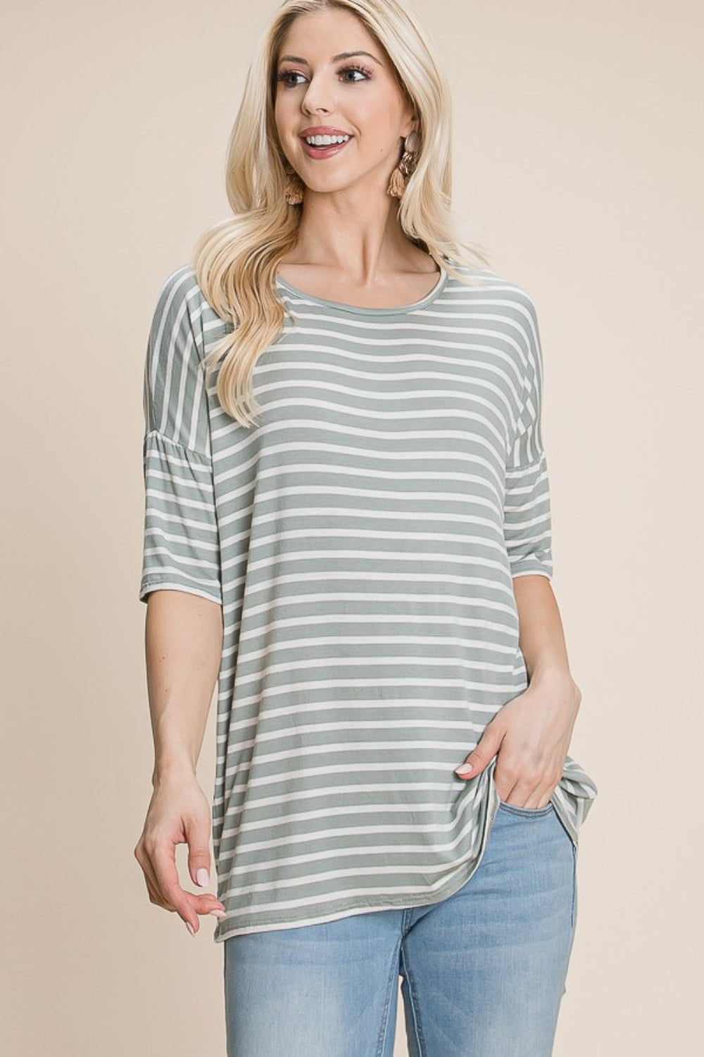 BOMBOM Striped Round Neck T-Shirt in Sage