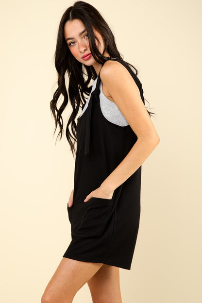 VERY J Tie Shoulder Front Pocket Romper in Black