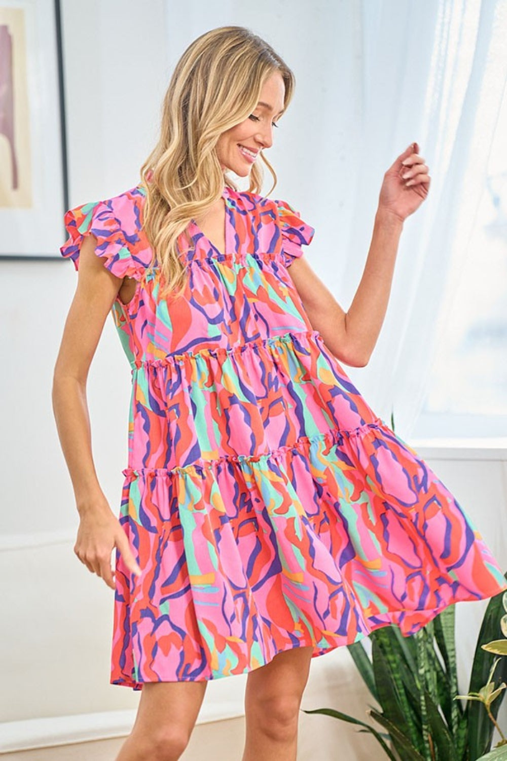 First Love Full Size Printed Ruffle Cap Sleeve Tiered Dress