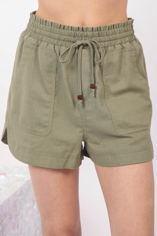 VERY J Drawstring Elastic Waist Linen Shorts in Olive