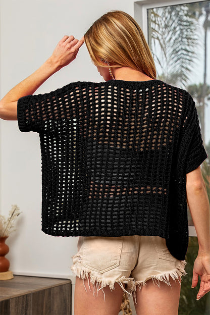 BiBi Hollowed Out Short Sleeve Knit Cover Up in Black