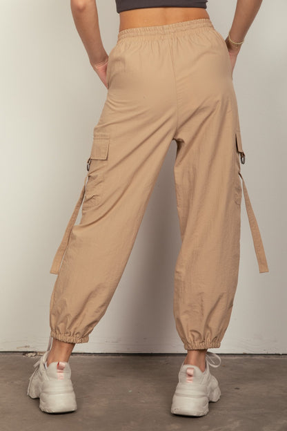 VERY J Elastic Waist Woven Cargo Pants in Taupe