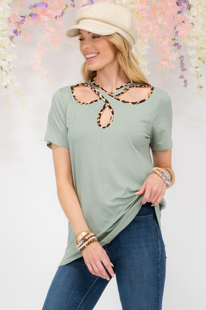 Celeste Crisscross Cutout Leopard Contrast Trim T-Shirt in Sage