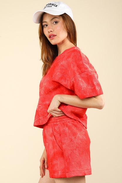 VERY J Quilted Washed Crop Top and Shorts Set in Scarlet