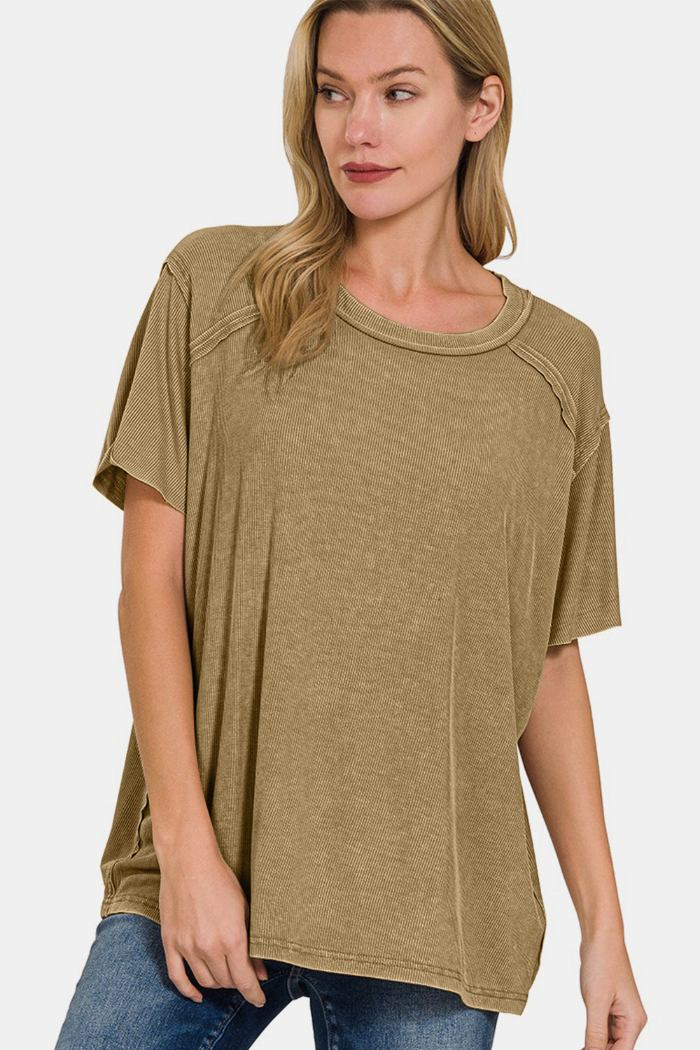 Zenana Washed Ribbed Short Sleeve Top in Mocha