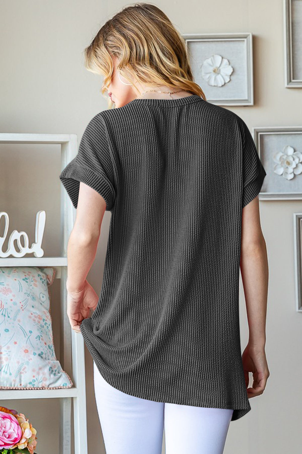 Heimish USA Graphic Short Sleeve Ribbed Top in Charcoal