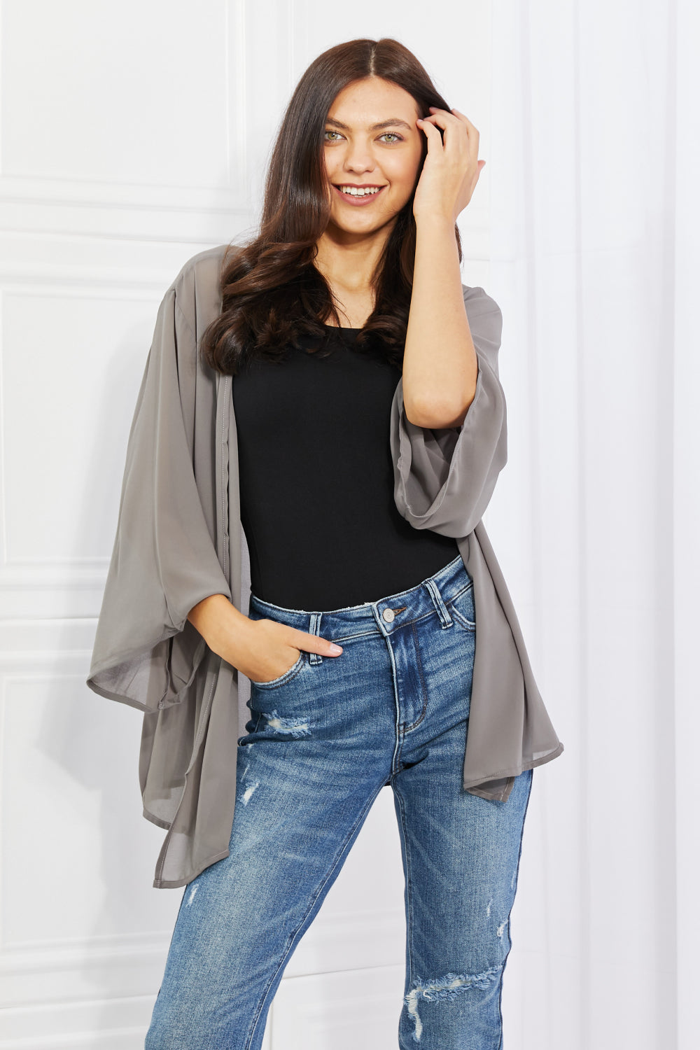 Melody Just Breathe Chiffon Kimono in Grey