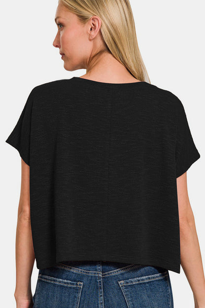 Zenana V-Neck Short Sleeve Crop T-Shirt in Black