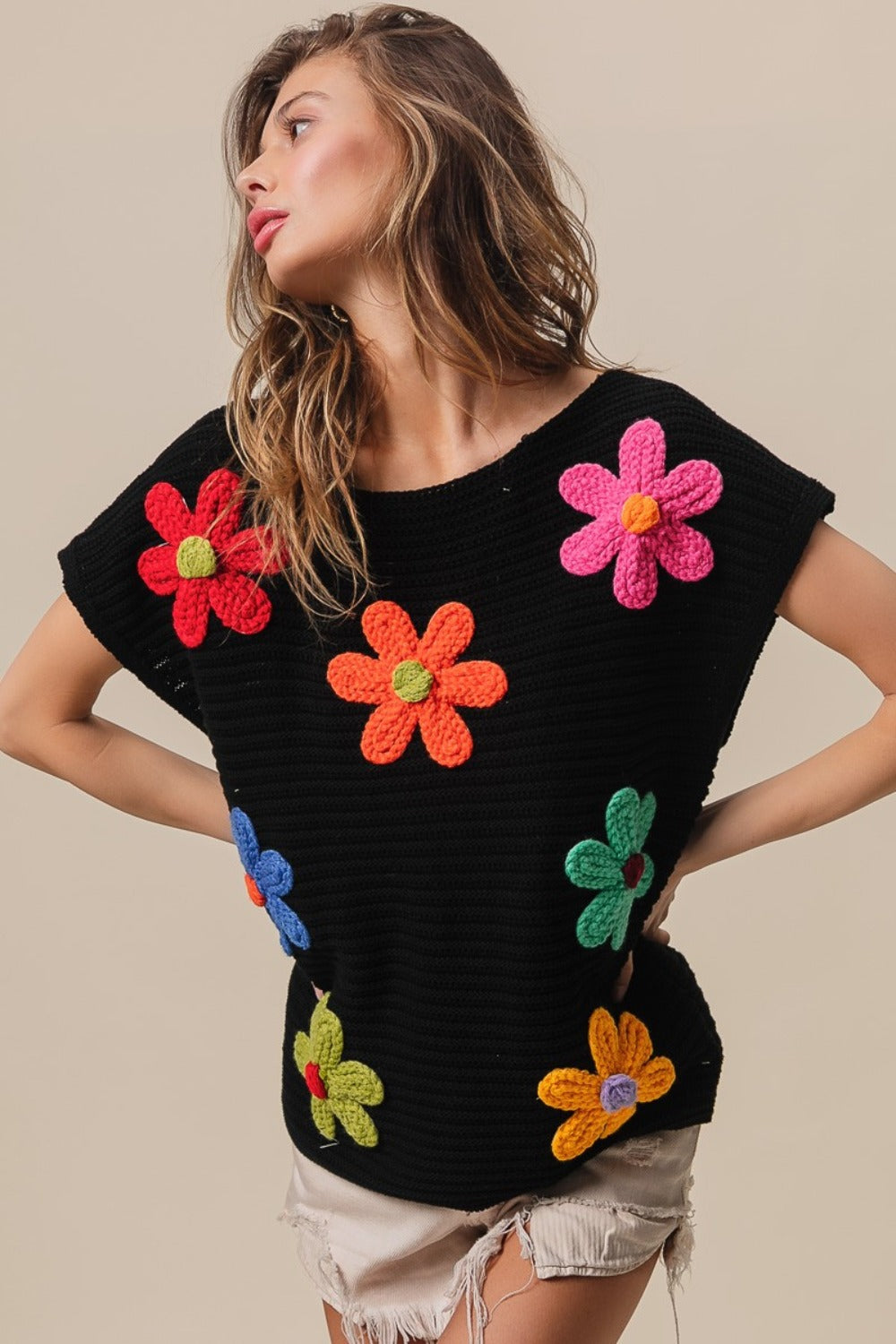 BiBi Flower Round Neck Cap Sleeve Knit Top in Black