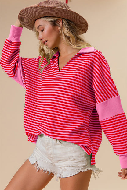 BiBi Striped Contrast Long Sleeve Knit Top in Pink