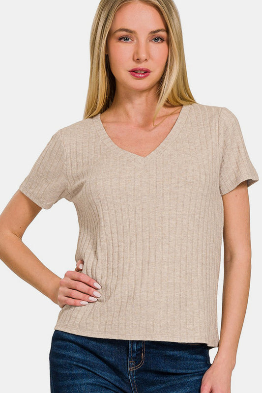 Zenana Ribbed Short Sleeve T-Shirt in Ash Mocha