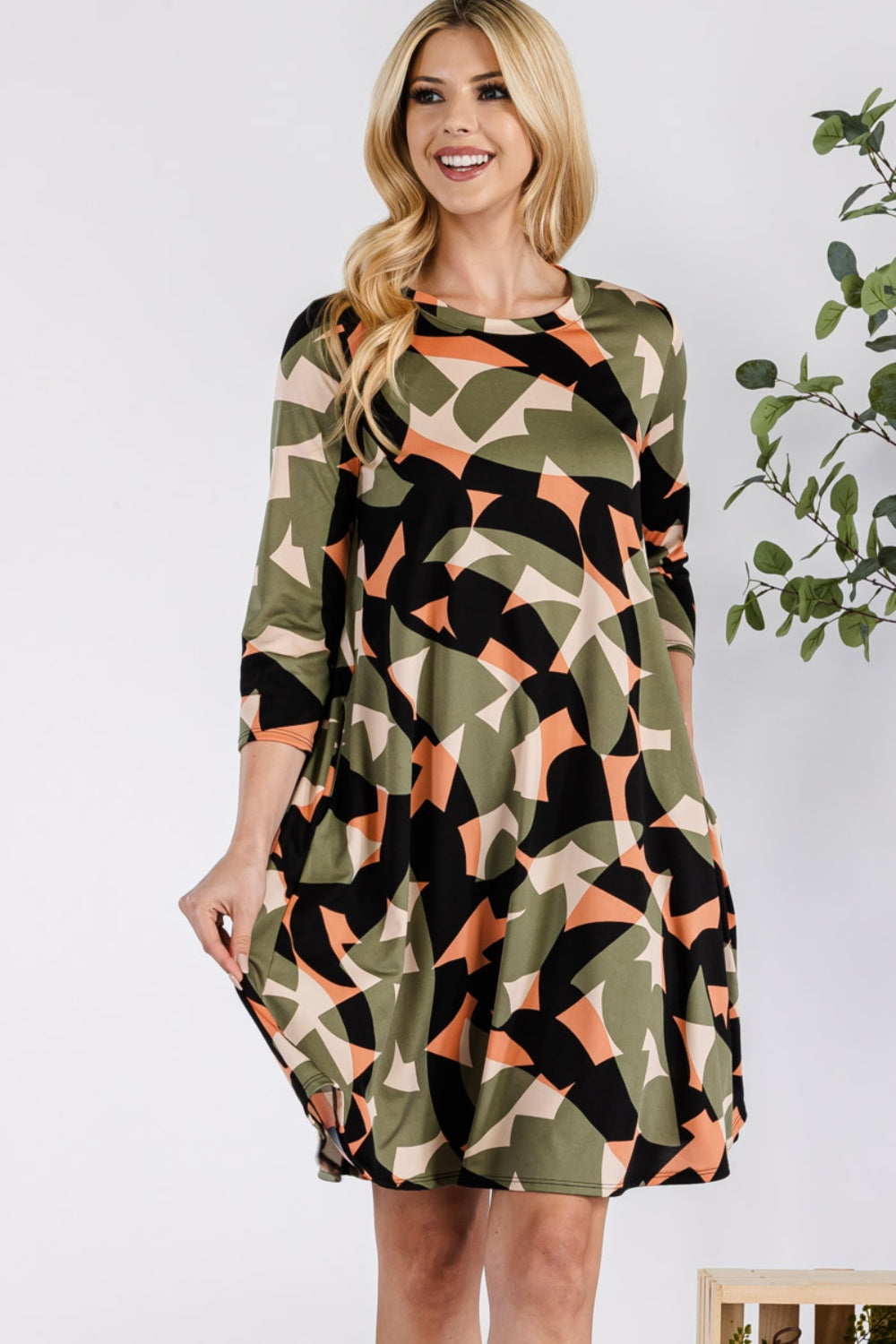 Celeste Geometric Dress with Pockets in Olive