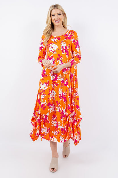 Celeste Pick-Up Hem Asymmetric Floral Midi Dress