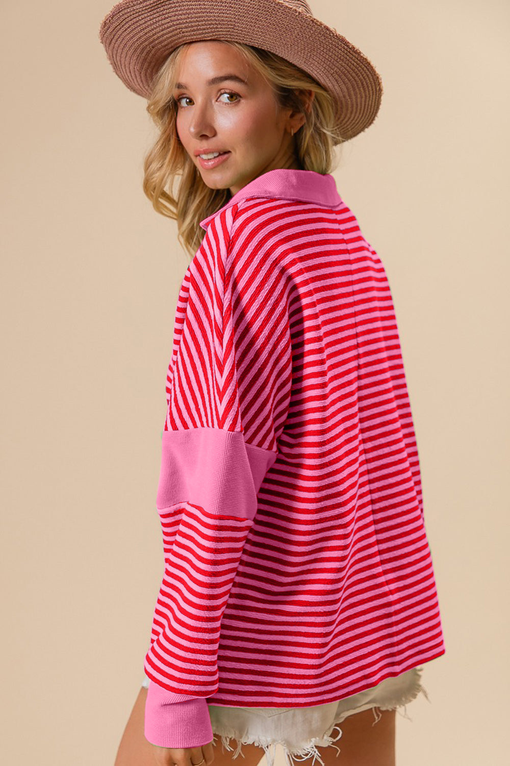 BiBi Striped Contrast Long Sleeve Knit Top in Pink