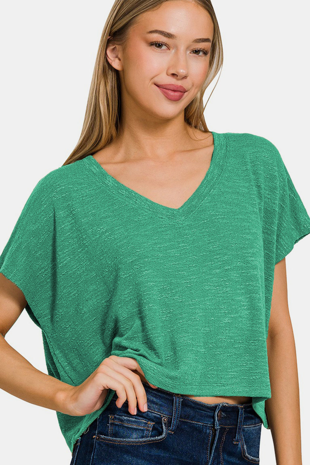 Zenana V-Neck Short Sleeve T-Shirt in Green