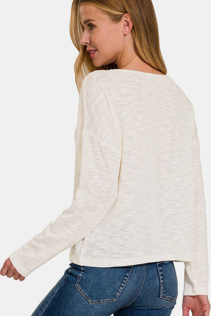 Zenana V-Neck Dropped Shoulder Long Sleeve Top