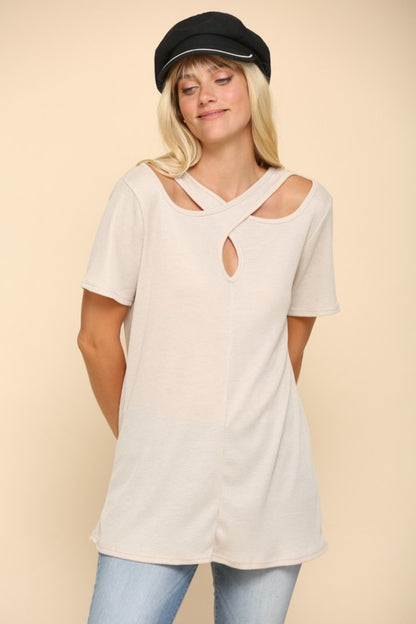 Celeste Crisscross Cutout Short Sleeve T-Shirt in Beige