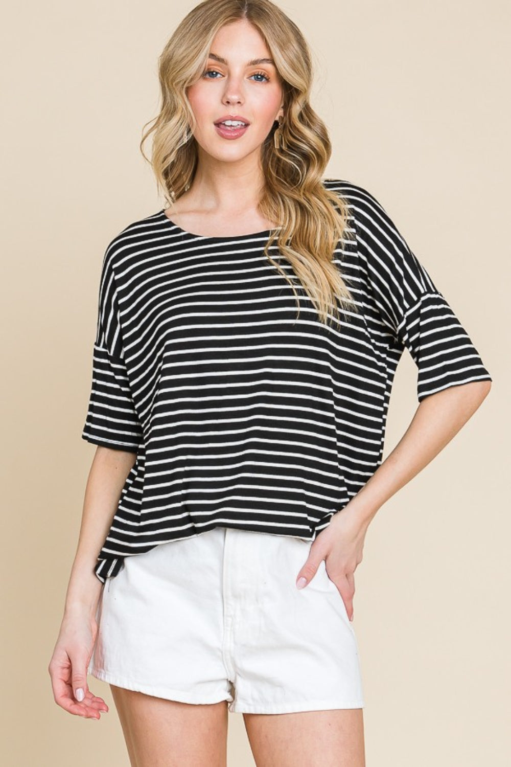 BOMBOM Striped Round Neck T-Shirt in Black