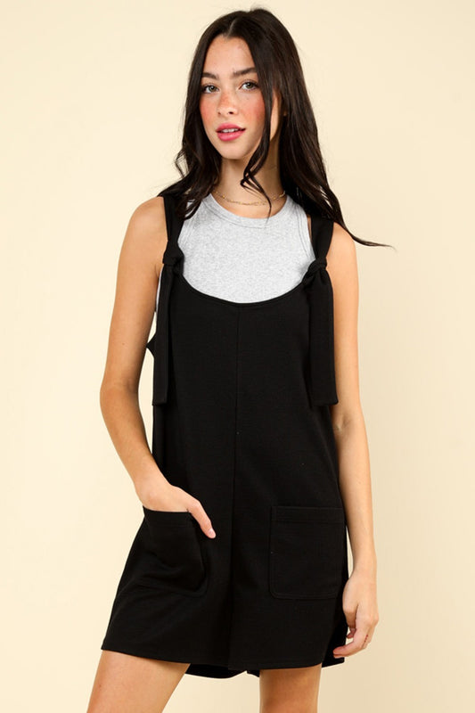 VERY J Tie Shoulder Front Pocket Romper in Black