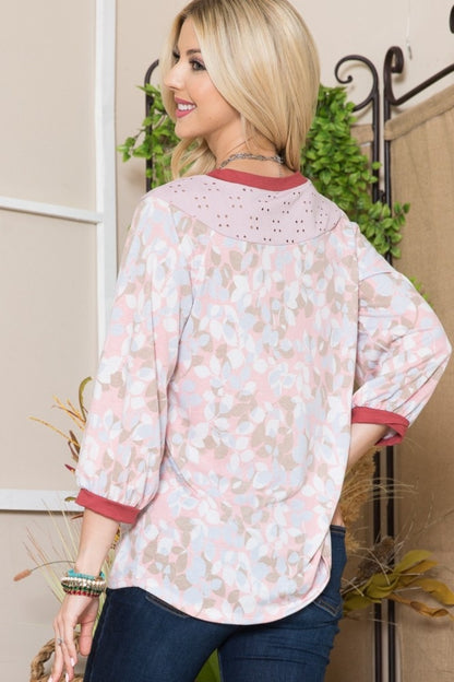 Celeste Leaf Print Contrast Trim Balloon Sleeve Top