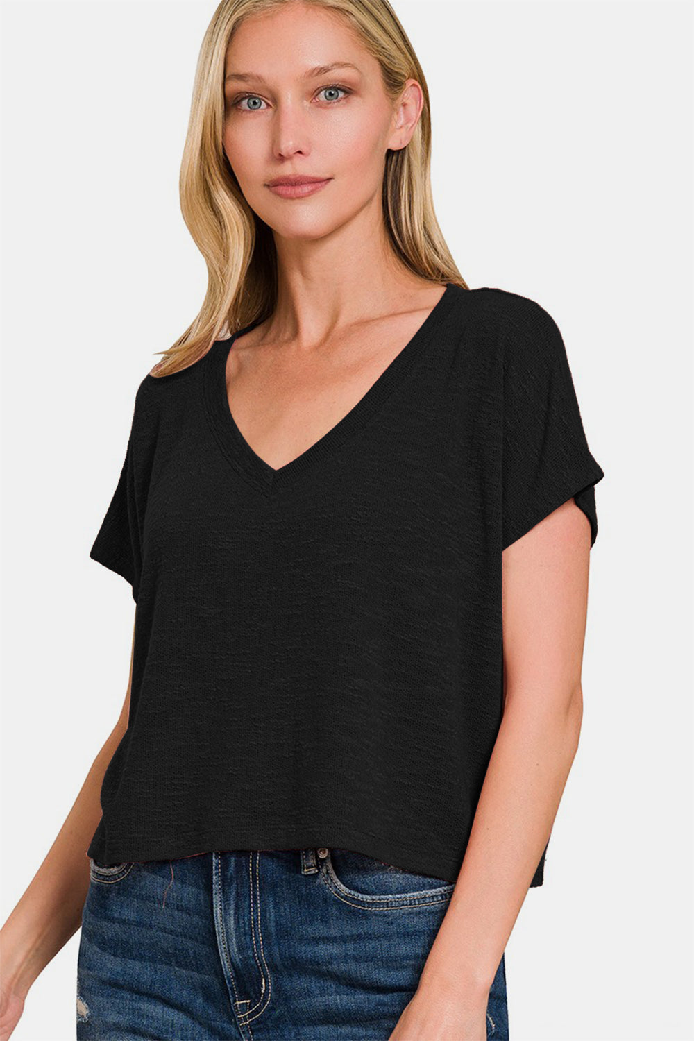 Zenana V-Neck Short Sleeve Crop T-Shirt in Black