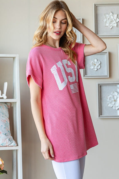 Heimish USA Graphic Short Sleeve Ribbed Top in Coral