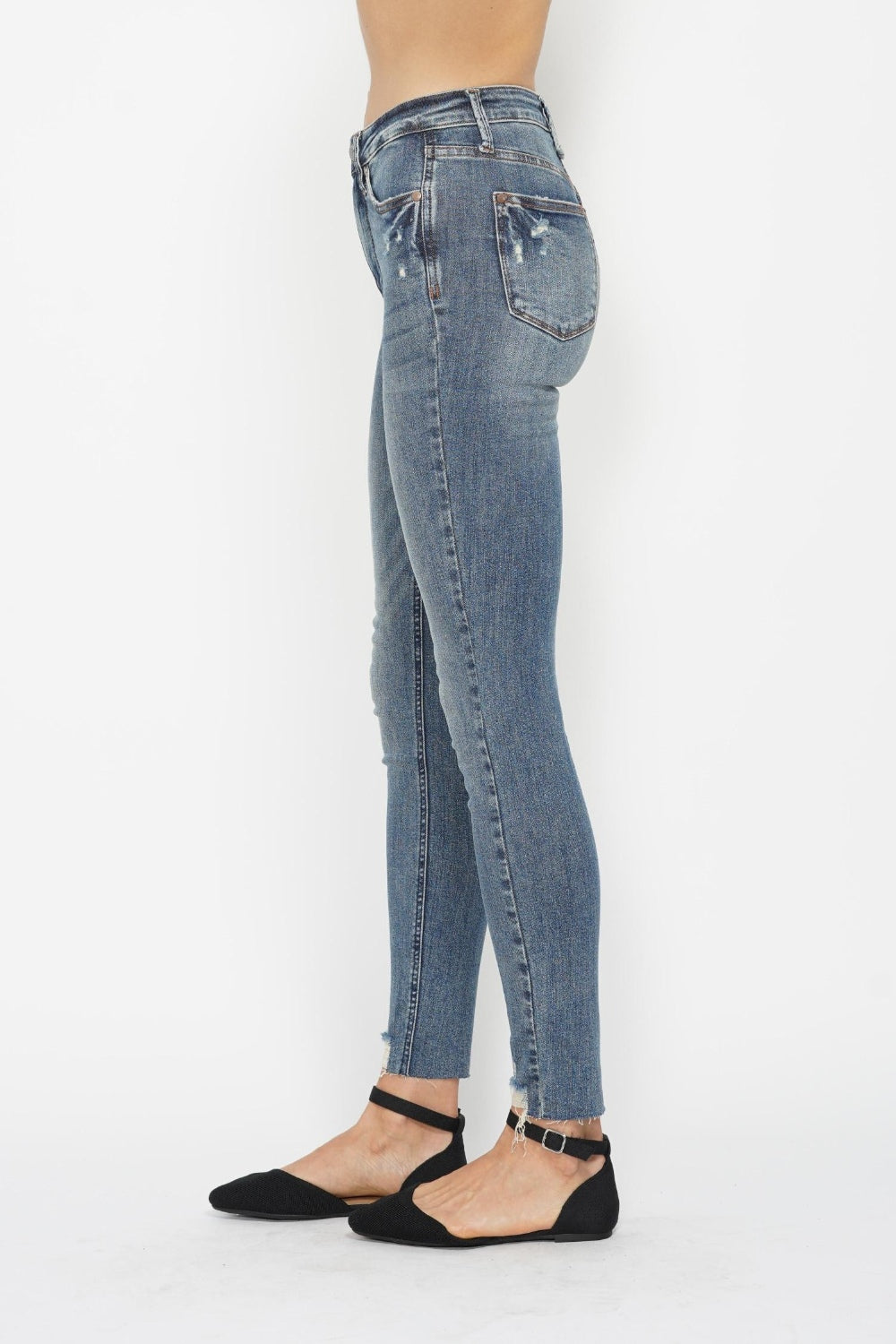 Judy Blue Tummy Control Vintage Wash and Destroyed Hem Skinny Jeans