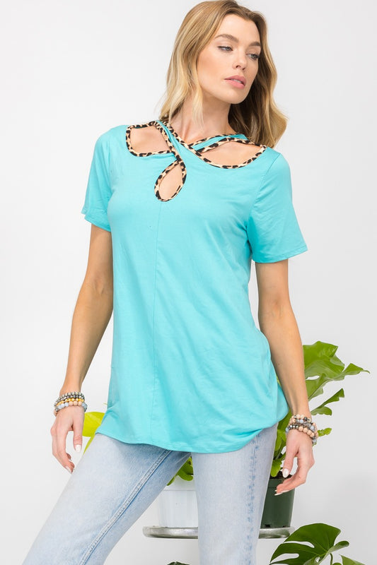 Celeste Crisscross Cutout Leopard Contrast Trim T-Shirt in Mint