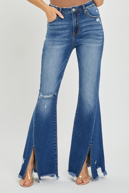 RISEN High-Rise Front-Slit Frayed Hem Flare Jeans