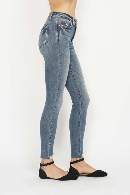 Judy Blue Tummy Control Vintage Wash and Destroyed Hem Skinny Jeans