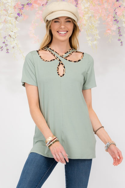 Celeste Crisscross Cutout Leopard Contrast Trim T-Shirt in Sage