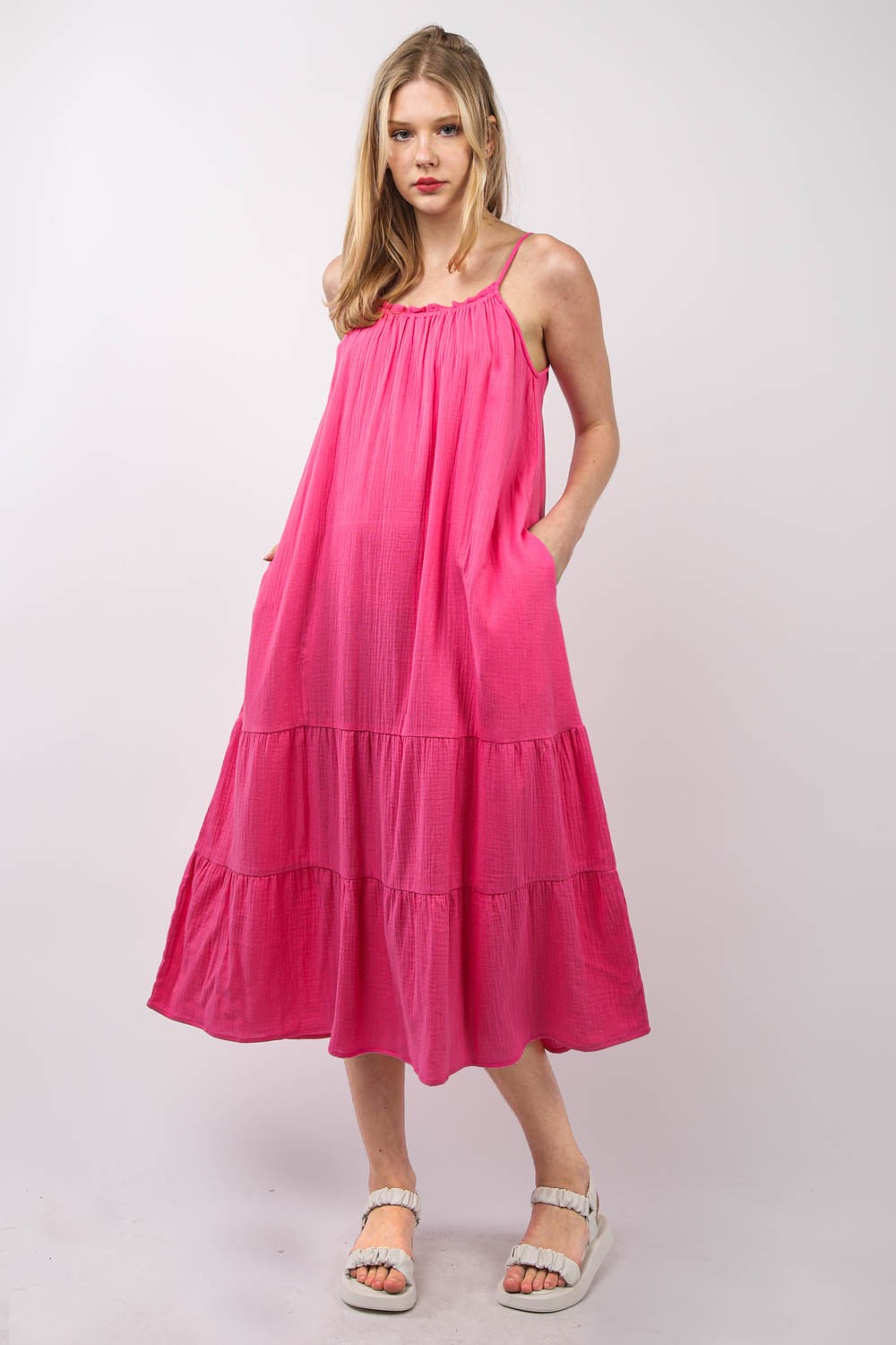 VERY J Ruffled A-Line Midi Cami Dress in Fuchsia