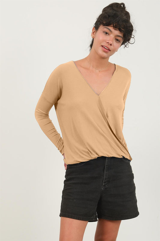 HYFVE Draped Drop Shoulder Long Sleeve Top in Taupe