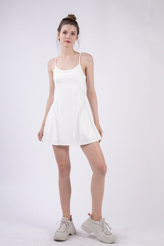 VERY J Mesh Detail Tennis Mini Active Dress with Shorts Inside in White