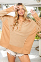 BiBi Thumb Opening Long Sleeve Top with Kangaroo Pocket in Taupe