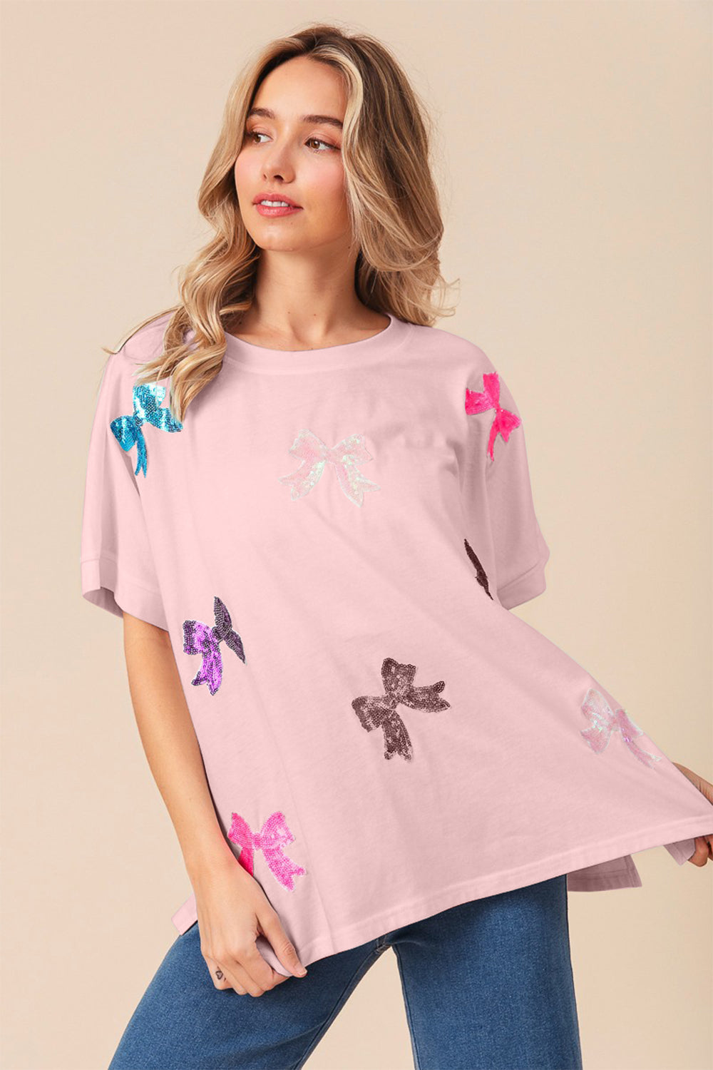 BiBi Sequin Bow Patch Short Sleeve T-Shirt in Blush