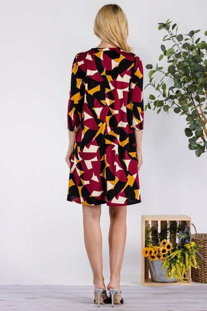 Celeste Geometric Dress with Pockets in Burgandy