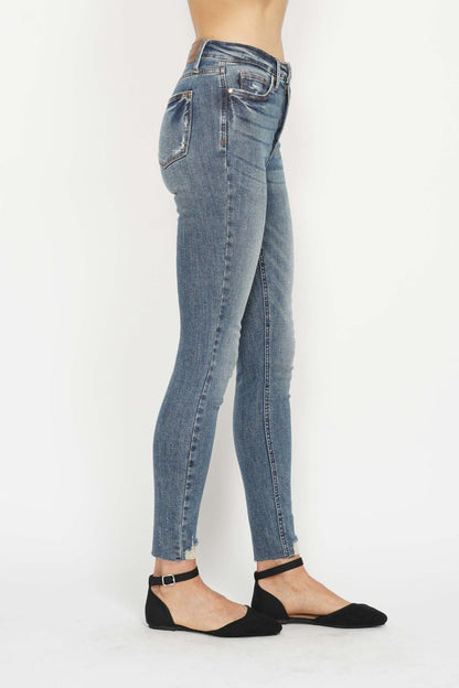 Judy Blue Tummy Control Vintage Wash and Destroyed Hem Skinny Jeans