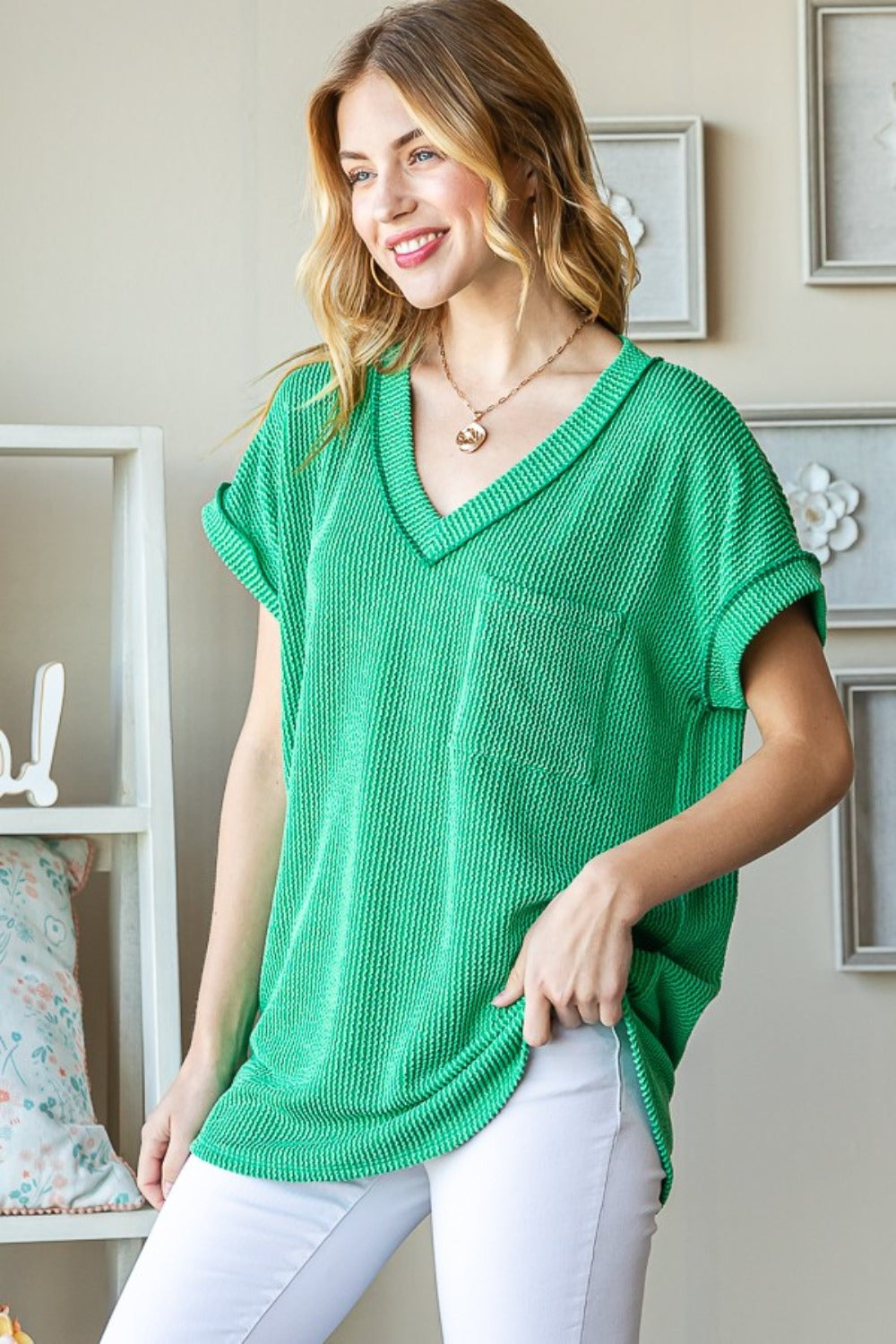 Heimish Front Pocket Short Sleeve Ribbed Top in Kelly Green