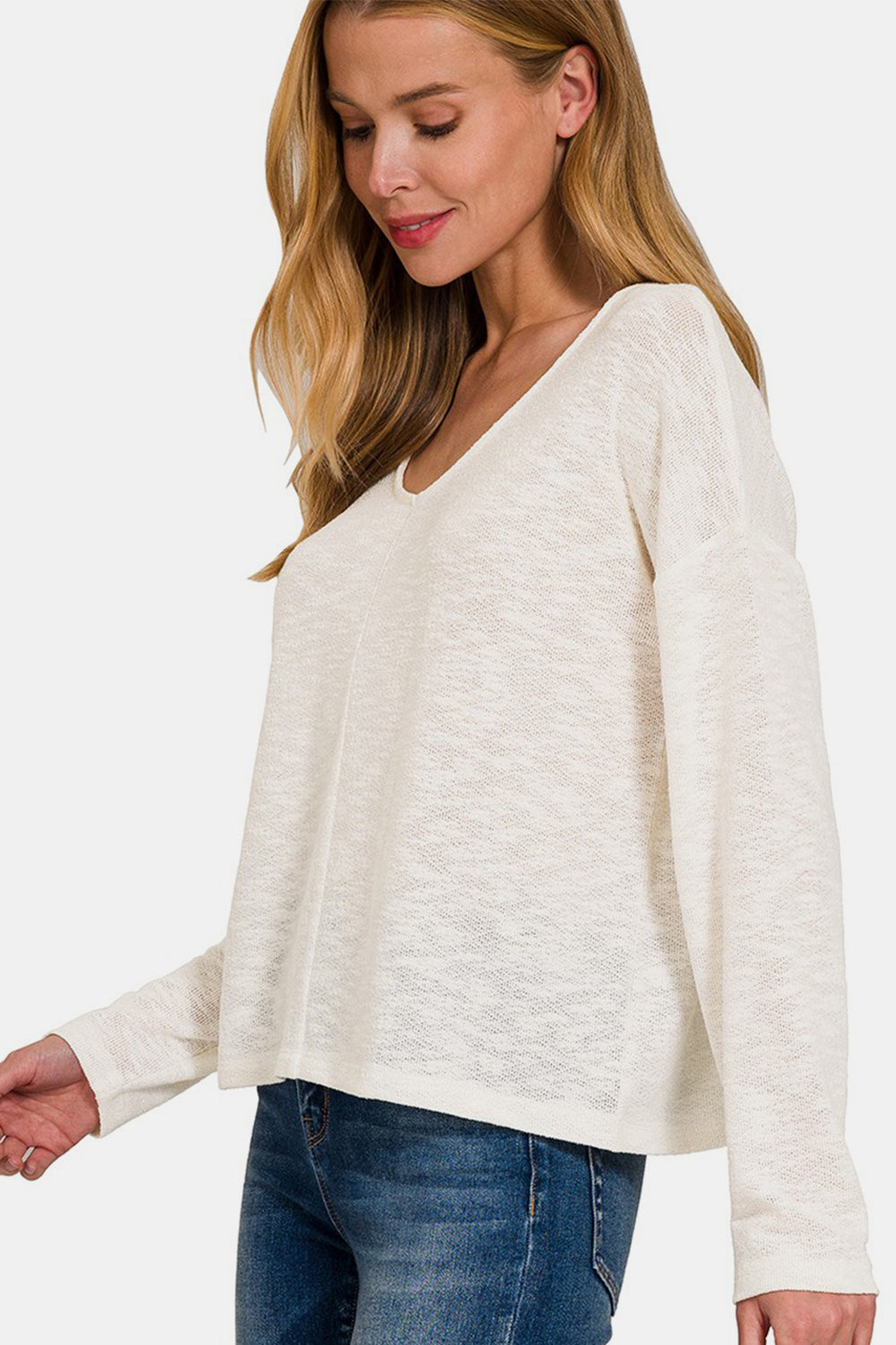 Zenana V-Neck Dropped Shoulder Long Sleeve Top