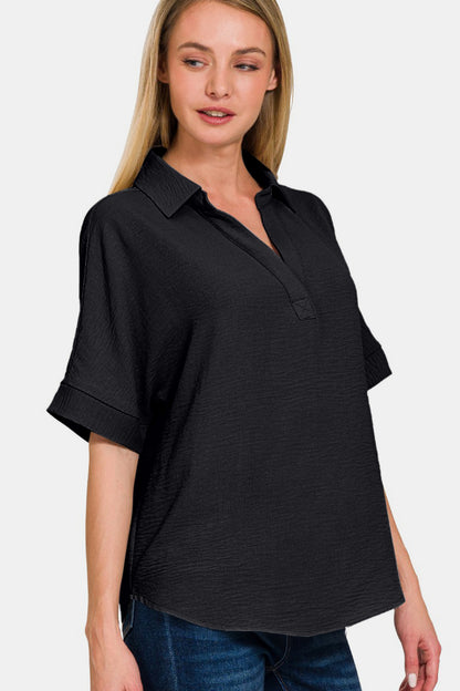 Zenana Texture Collared Neck Short Sleeve Top