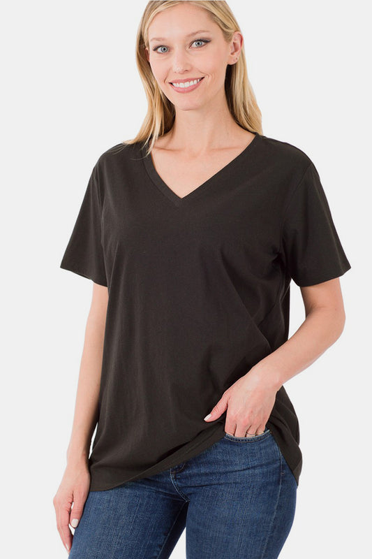 Zenana V-Neck Short Sleeve T-Shirt in Black