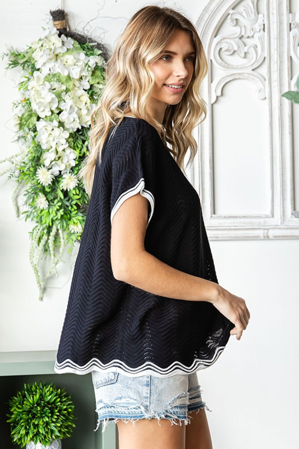 First Love Contrast Wavy Crochet Drop Shoulder Knit Top