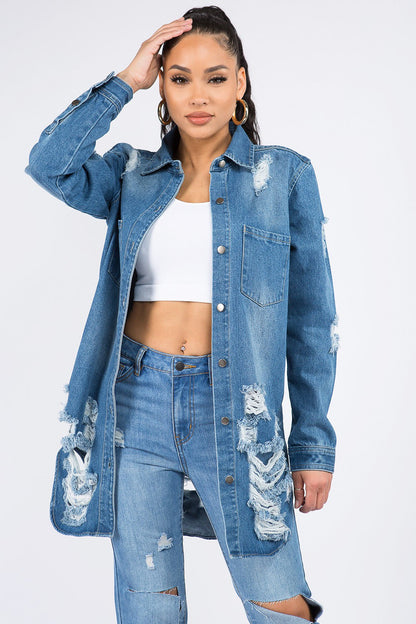 American Bazi Distressed Button-Down Denim Shirt Jacket