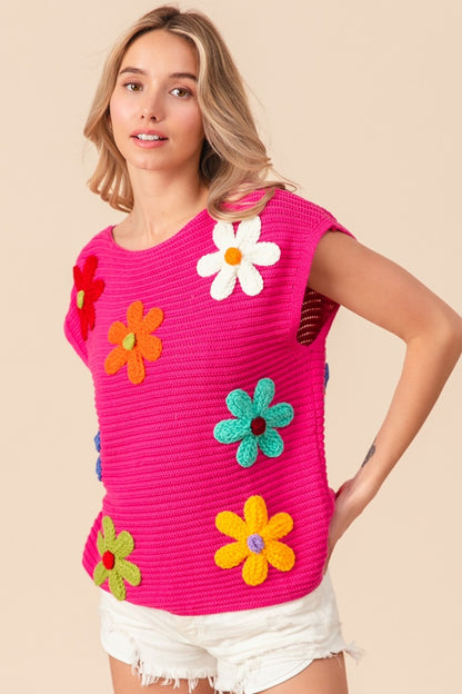 BiBi Flower Round Neck Cap Sleeve Knit Top in Fuchsia